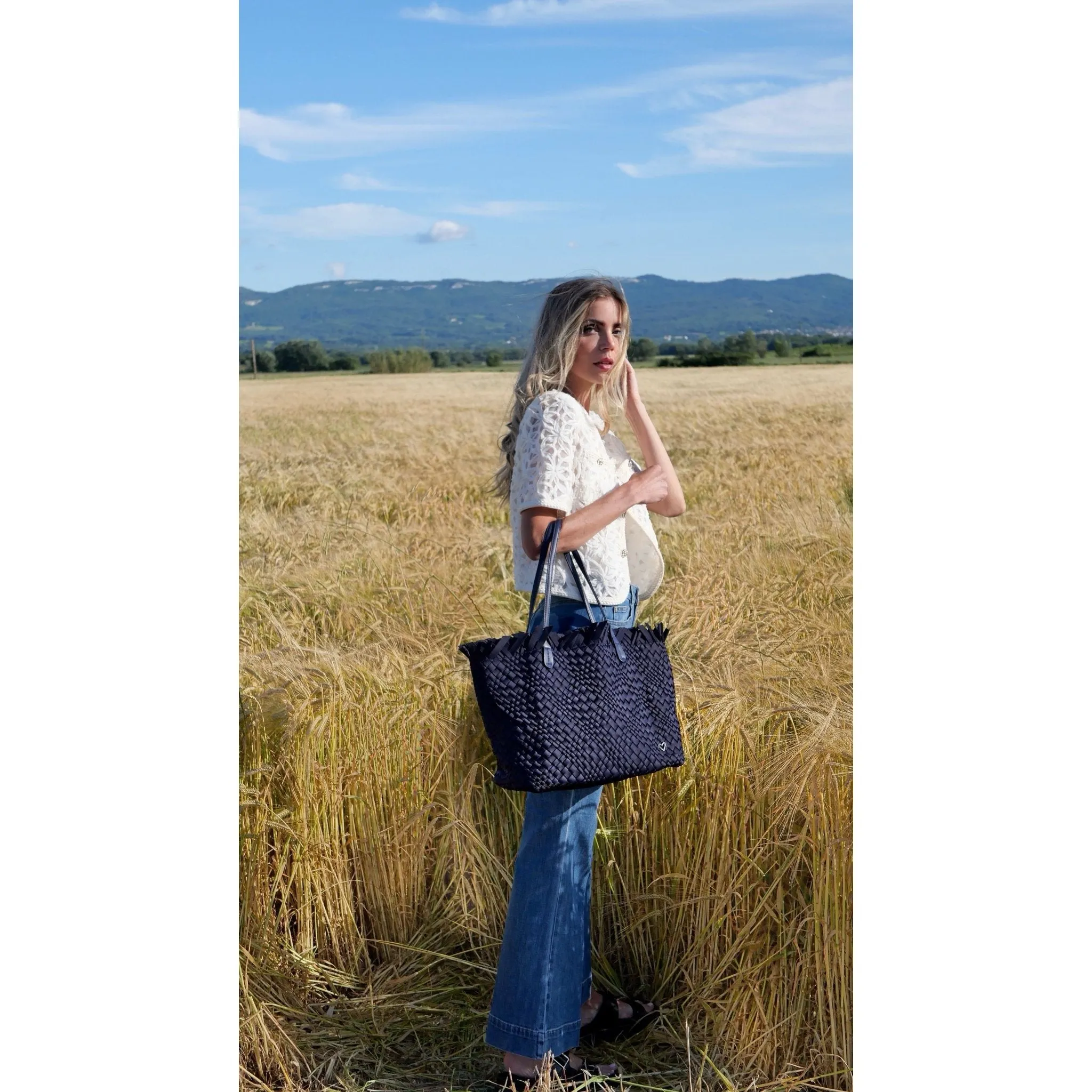 NEW: Vulcan Woven Large Tote (Fringed Top) - Navy