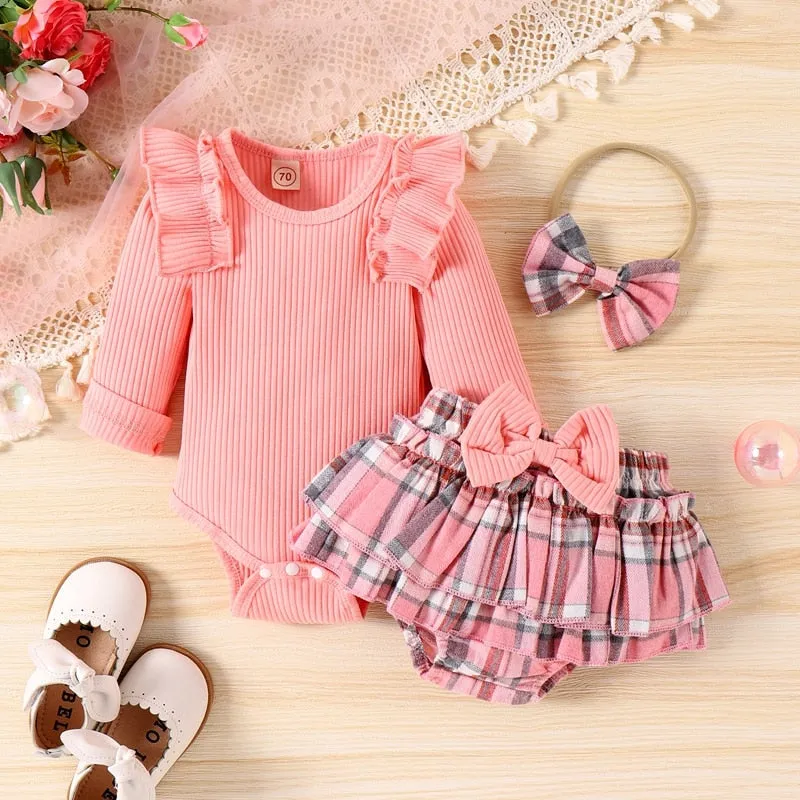 Newborn Baby Girls Sets Long Sleeve Crew Neck Romper Plaid Shorts Bow Headband Fall Sweet Outfit Set - BTGO8376