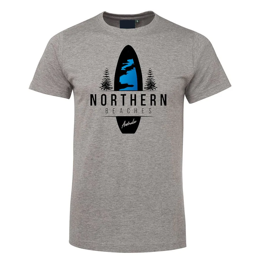 Northern Beaches Surfboard & Norfolk Pines T-Shirt (Grey Marle)