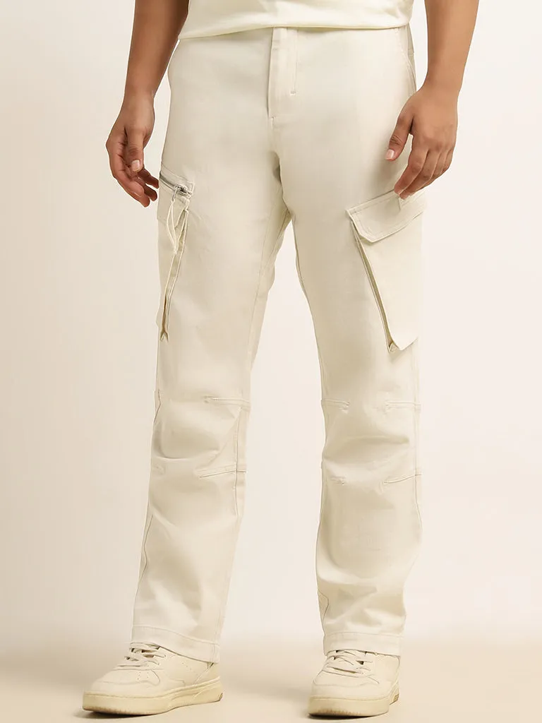 Nuon Off-White Mid-Rise Relaxed-Fit Cotton Blend Chinos