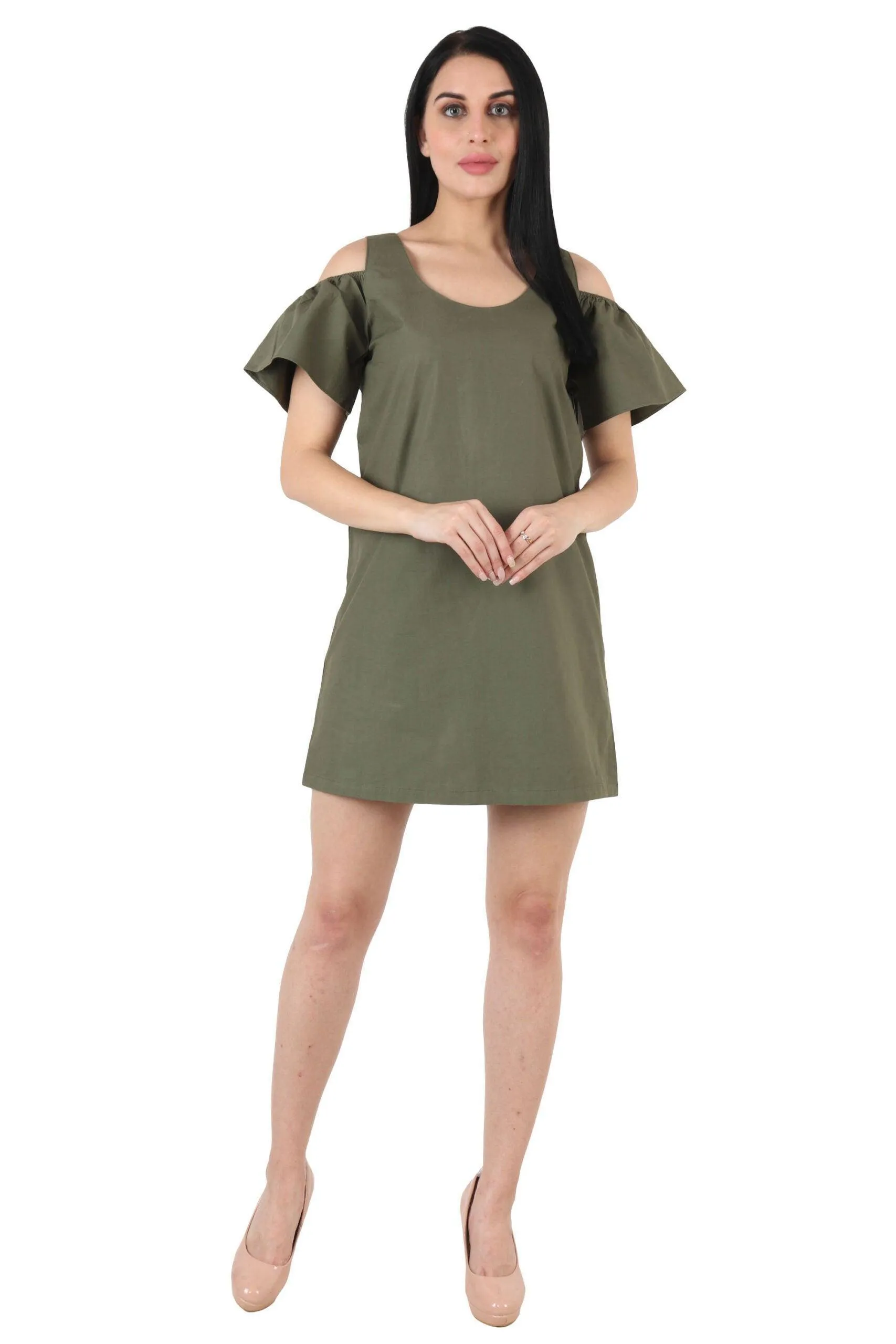 Olive Green Solid Cold Shoulder Dress