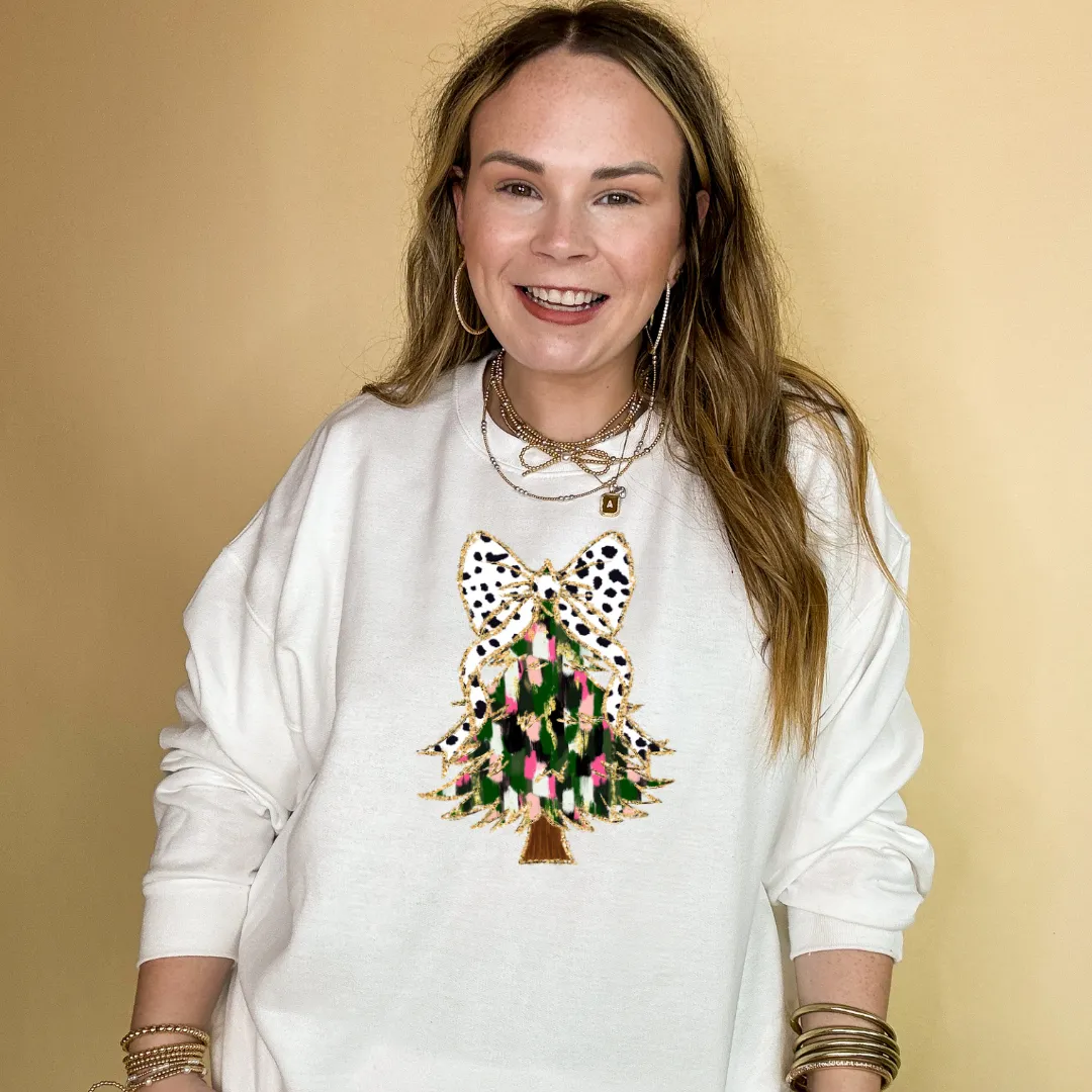 Online Exclusive | Christmas Tree Watercolor with Dalmatian Bow Graphic Sweatshirt in Multiple Color Options