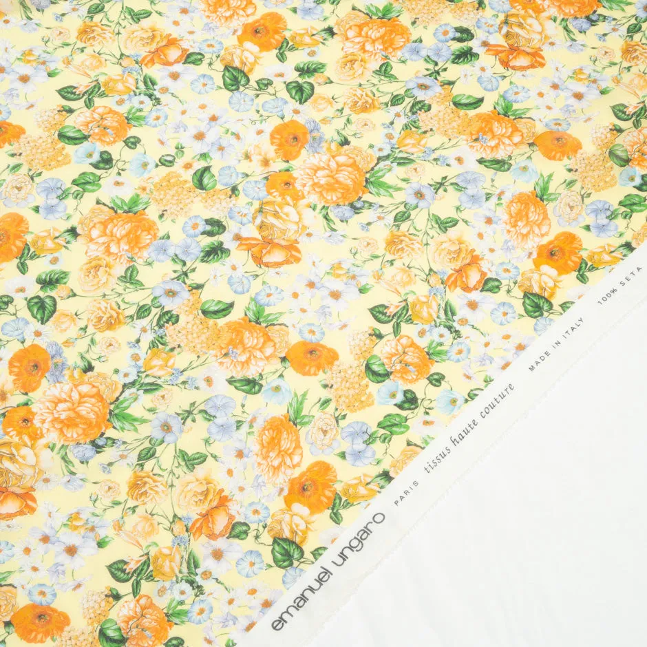 Orange Floral Printed Yellow Pure Silk Chiffon