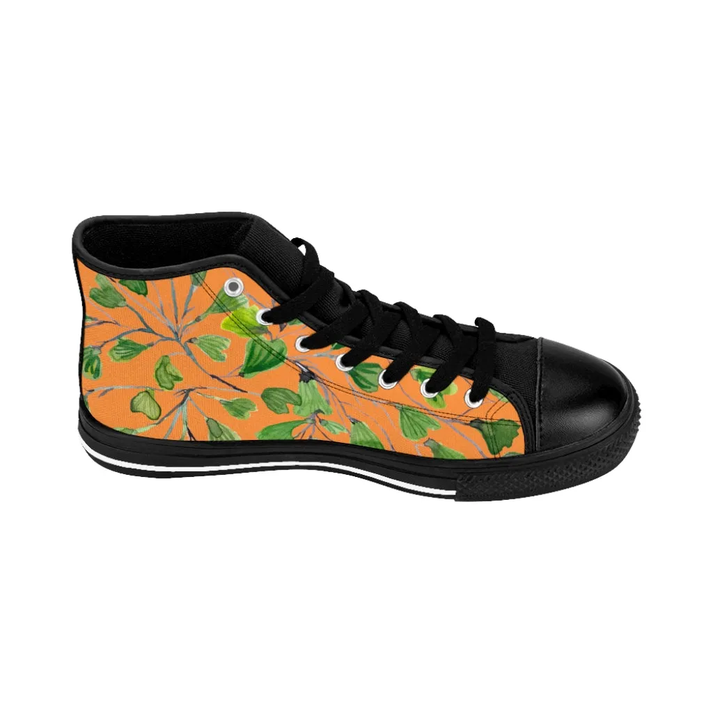 Orange Green Maidenhair Men's Tennis Shoes, Tropical Print Designer Best High-top Sneakers For Men