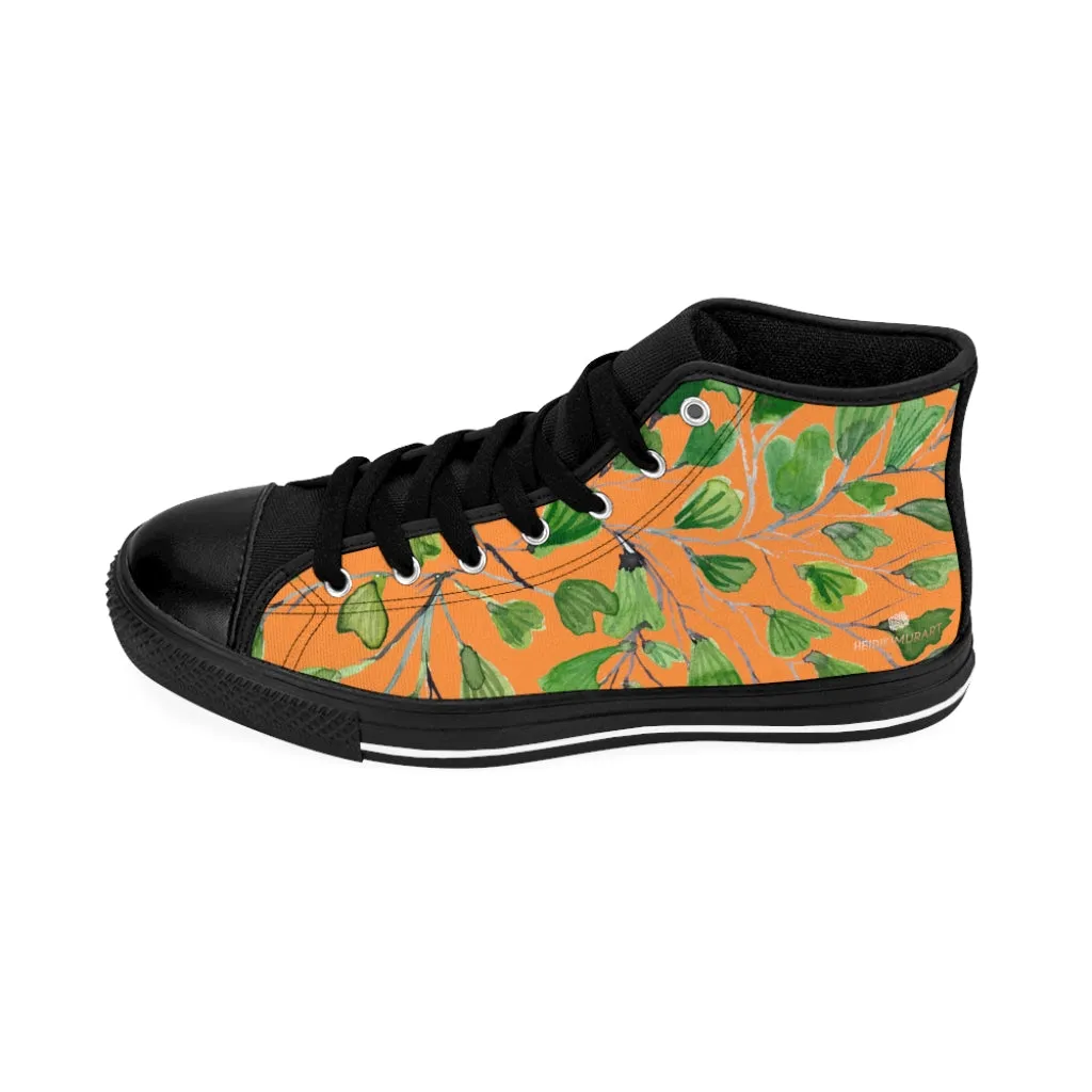 Orange Green Maidenhair Men's Tennis Shoes, Tropical Print Designer Best High-top Sneakers For Men