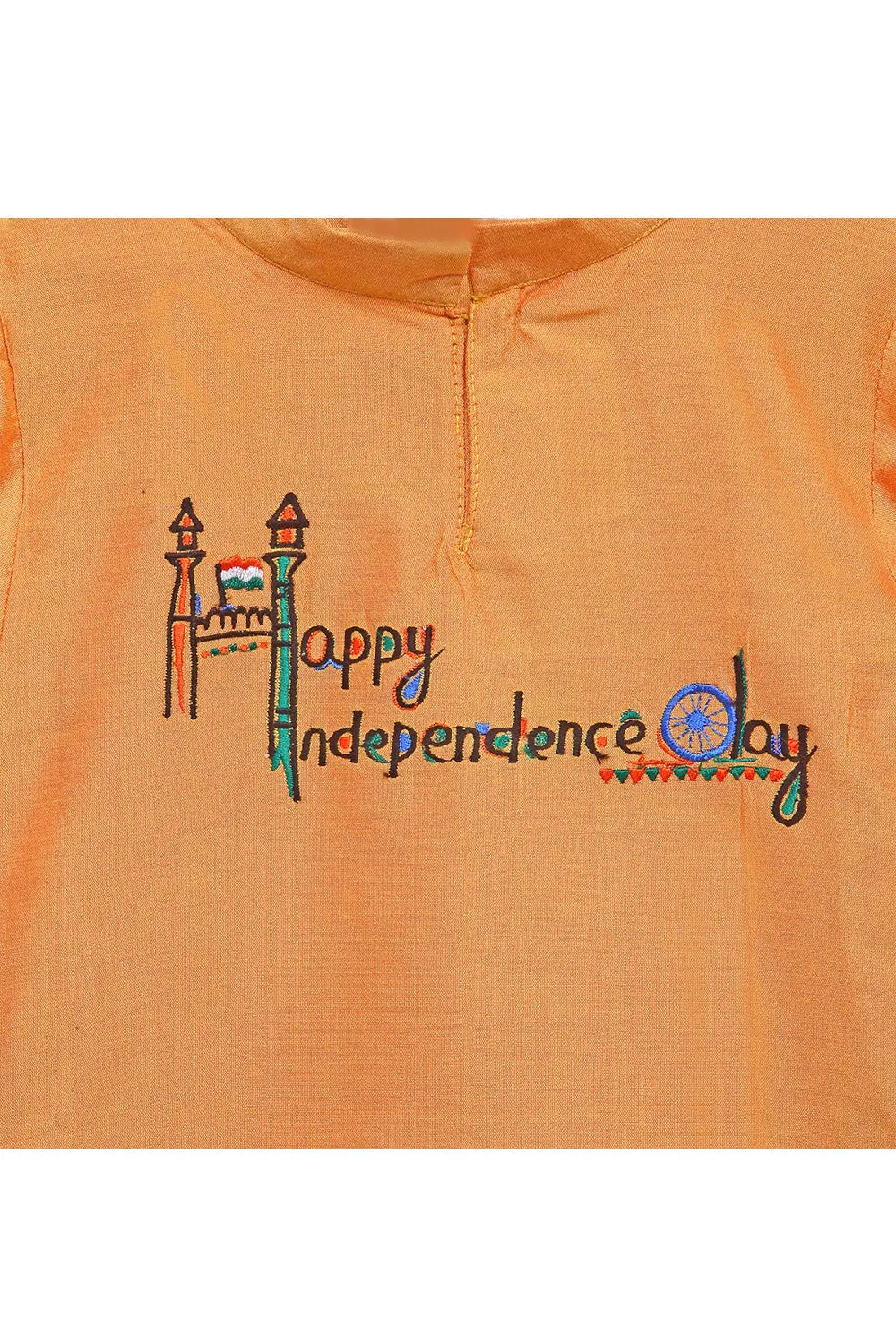 Orange Happy Independence Day Embroidered Kurta With Off White Pyjama