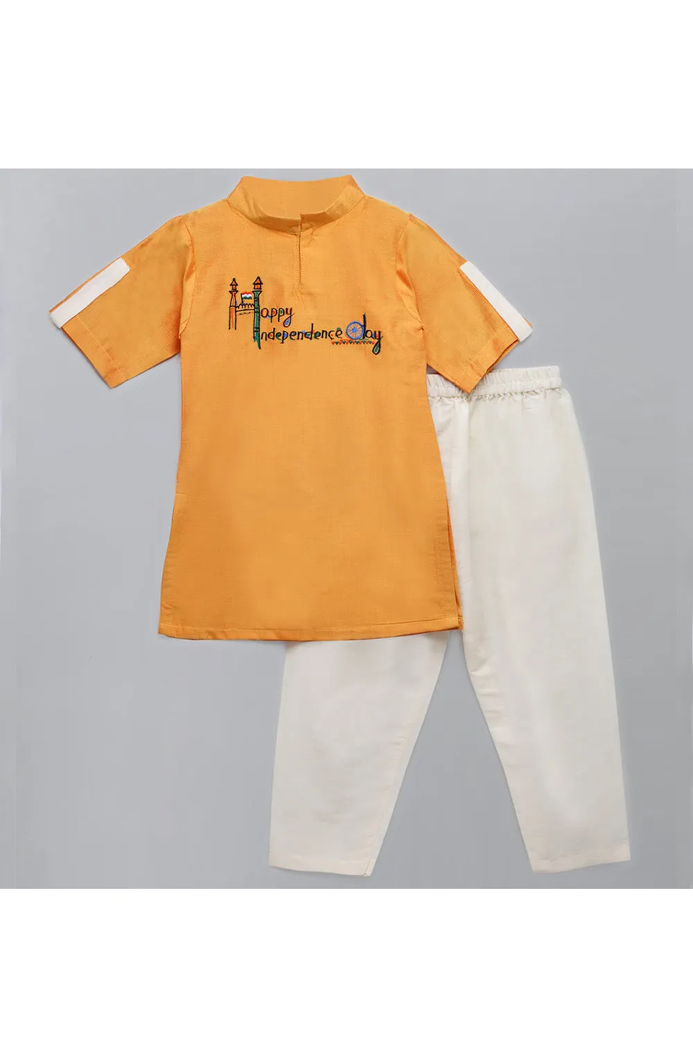 Orange Happy Independence Day Embroidered Kurta With Off White Pyjama