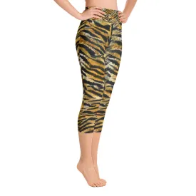 Orange Tiger Striped Capris Tights, Tiger Striped Print Capri Yoga Pants, Women's Elastic Orange Tiger Striped Animal Print Capris-Made in USA/EU/MX