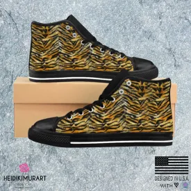 Orange Tiger Striped Men's High Tops, Animal Print Men's High Top Sneakers Running Shoes (US Size: 6-14)