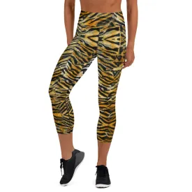 Orange Tiger Yoga Capri Leggings, Animal Stripe Print Women's Capris Leggings-Made in USA/EU