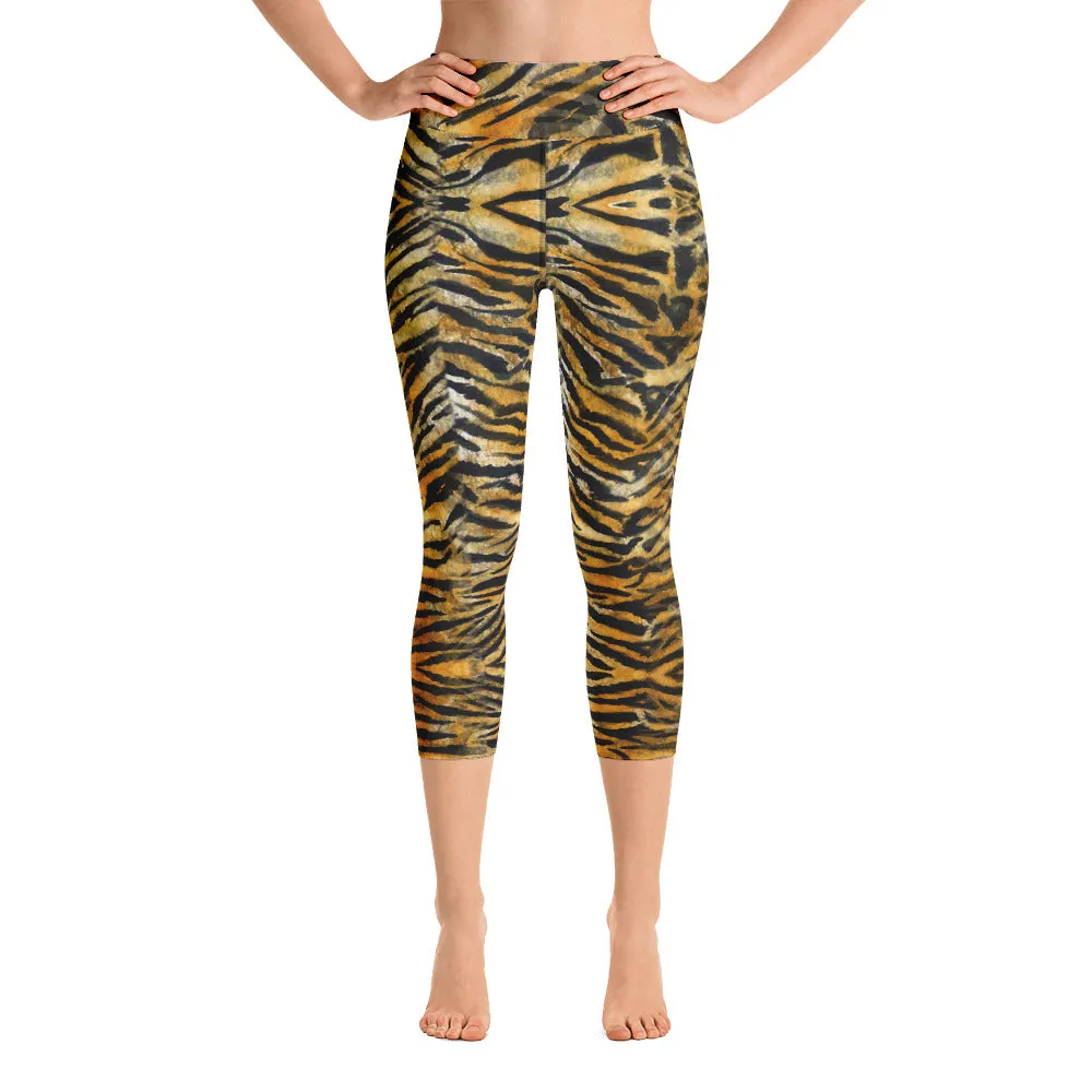 Orange Tiger Yoga Capri Leggings, Animal Stripe Print Women's Capris Leggings-Made in USA/EU