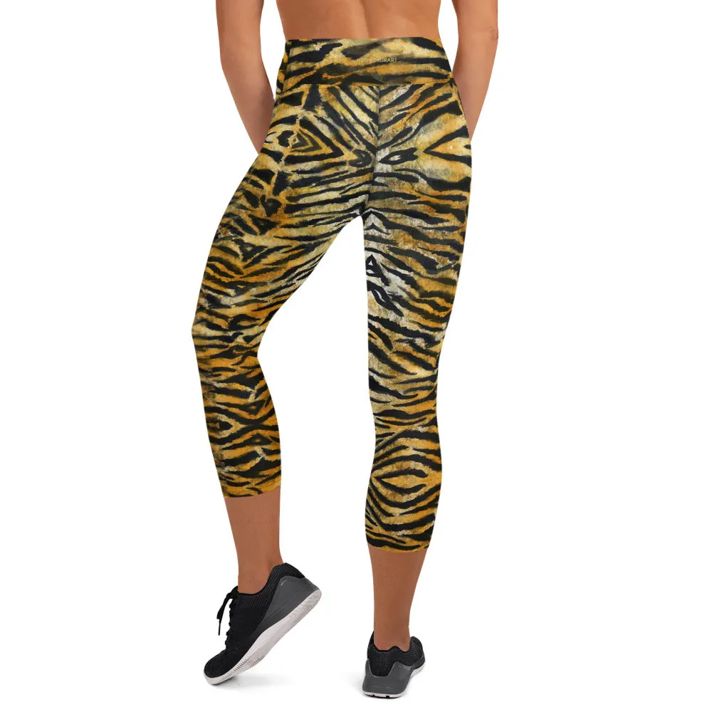 Orange Tiger Yoga Capri Leggings, Animal Stripe Print Women's Capris Leggings-Made in USA/EU