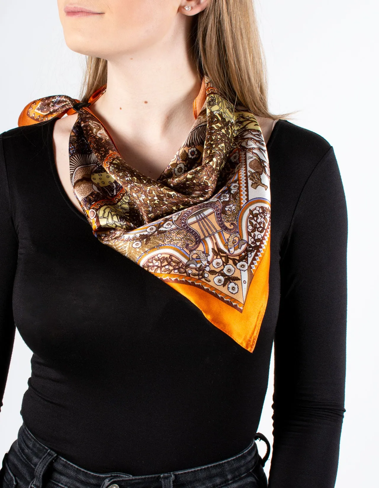 Orange Tree Print Square Silk Scarf