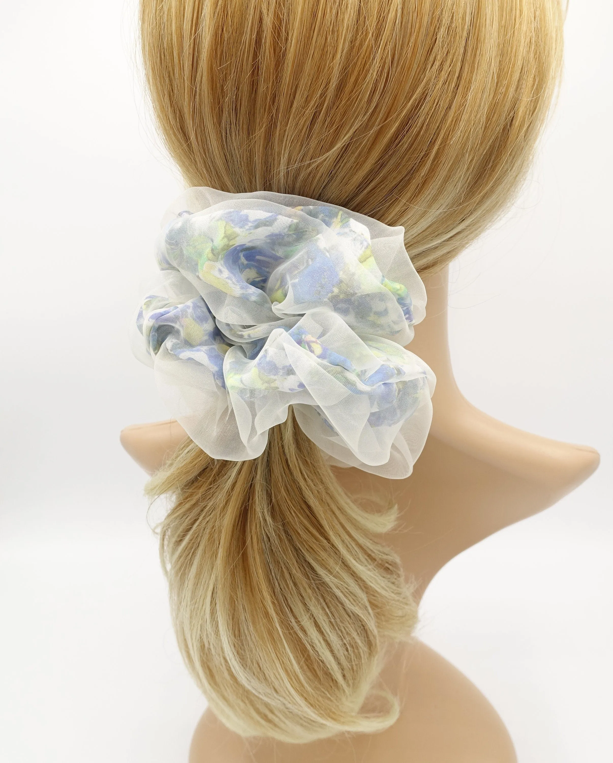 organza covered floral chiffon scrunchies see through hair scrunchie for women