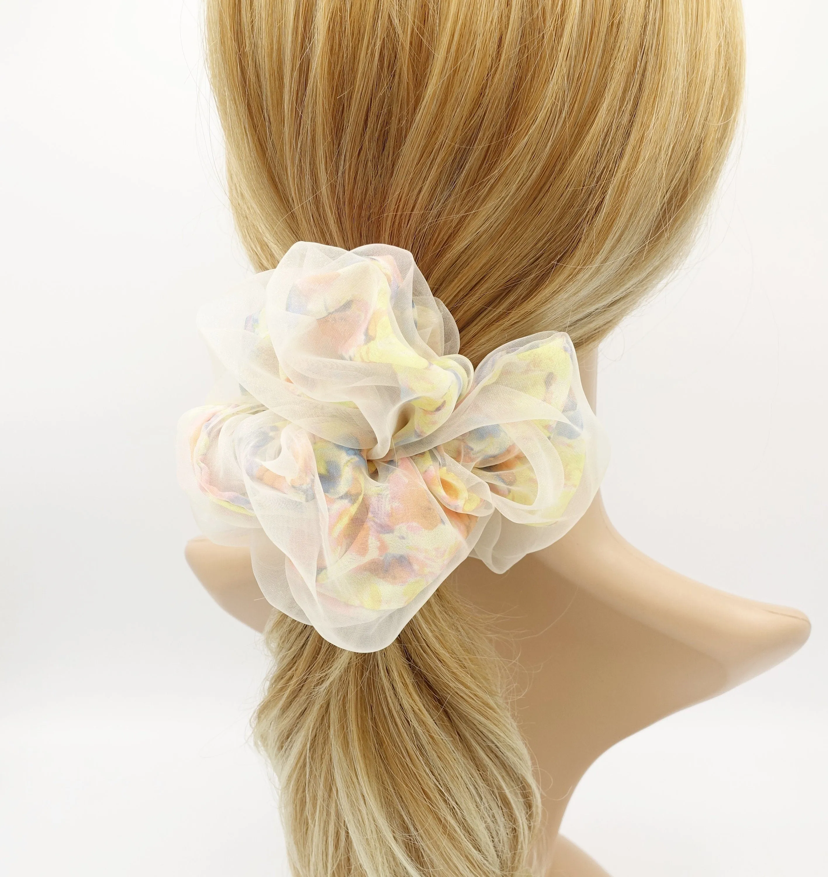 organza covered floral chiffon scrunchies see through hair scrunchie for women