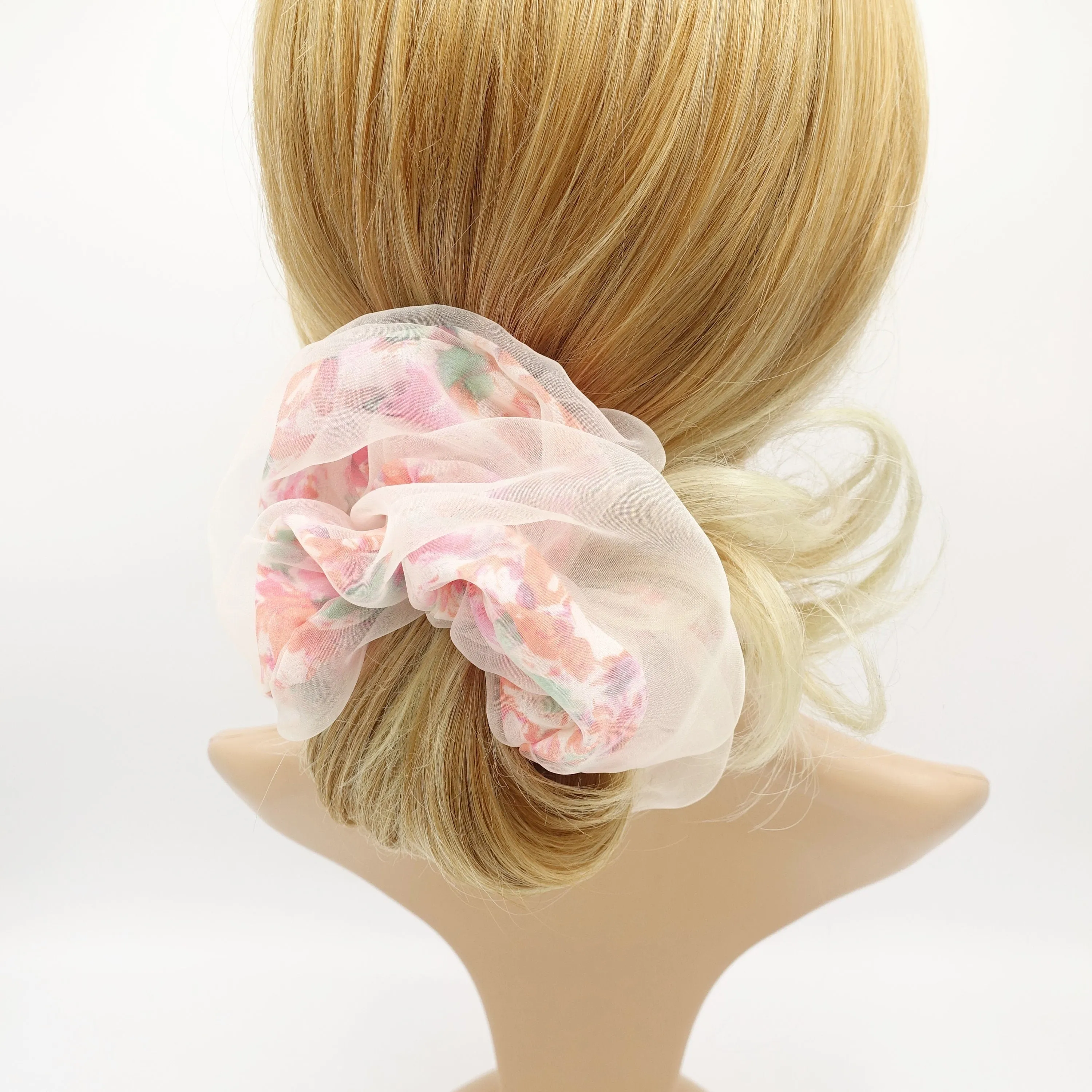 organza covered floral chiffon scrunchies see through hair scrunchie for women