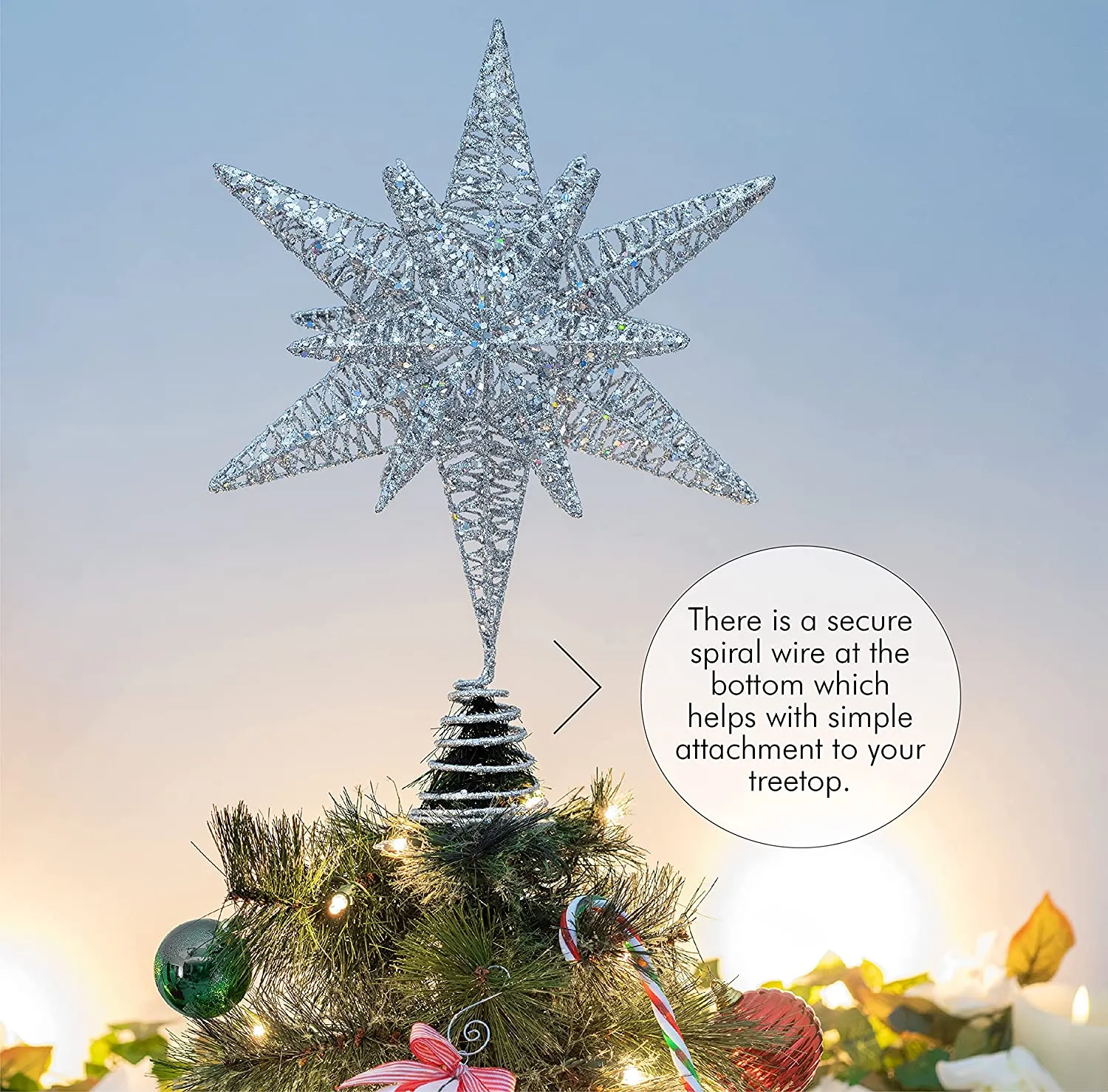 Ornativity Silver Star Tree Topper – Christmas Silver 3D Glitter Star Ornament Treetop Decoration