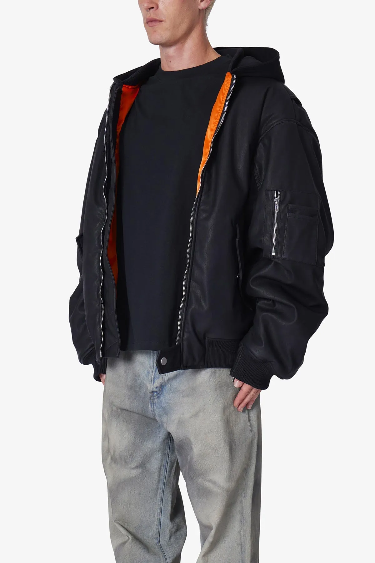 Oversized Hooded Bomber Jacket - Black