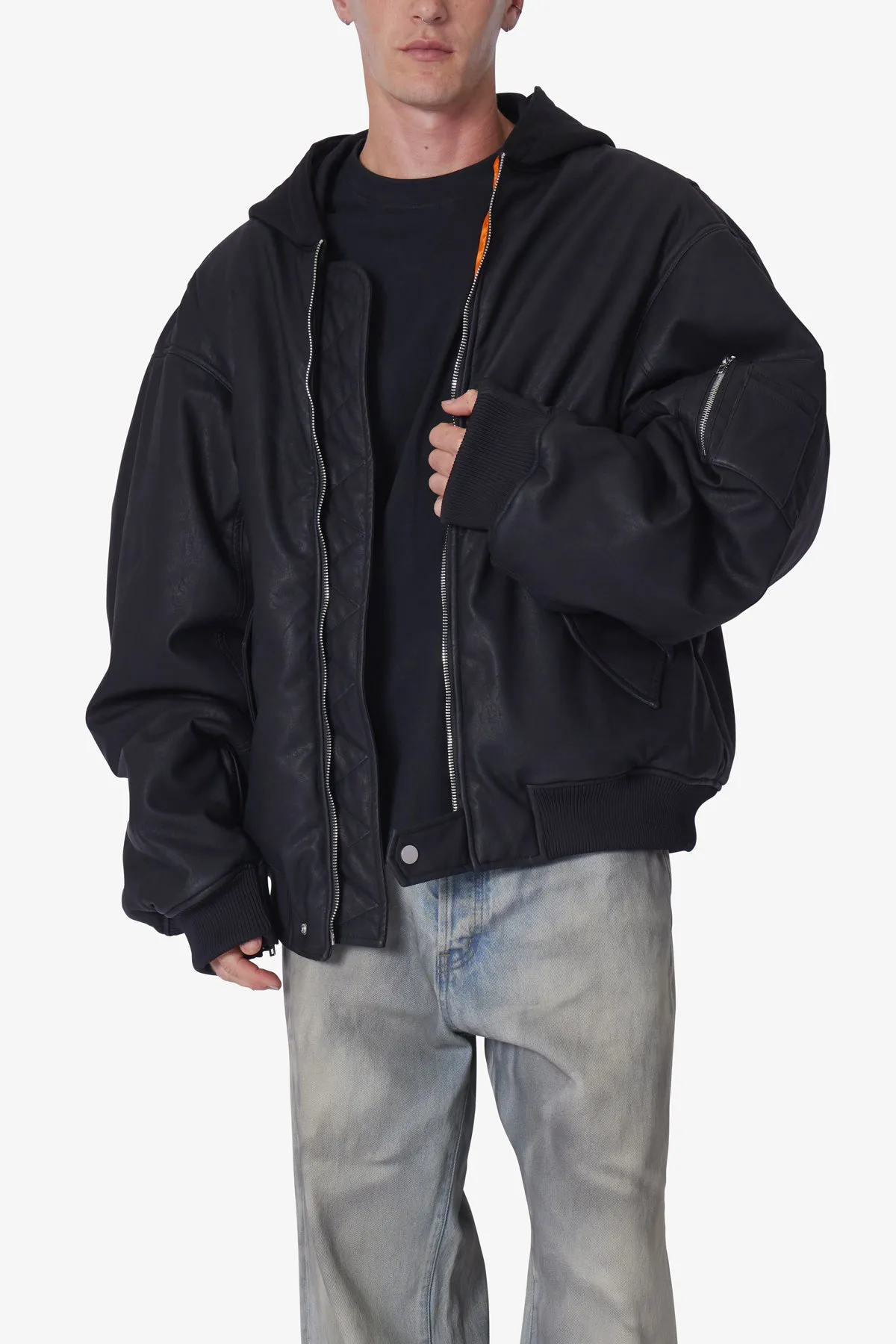 Oversized Hooded Bomber Jacket - Black