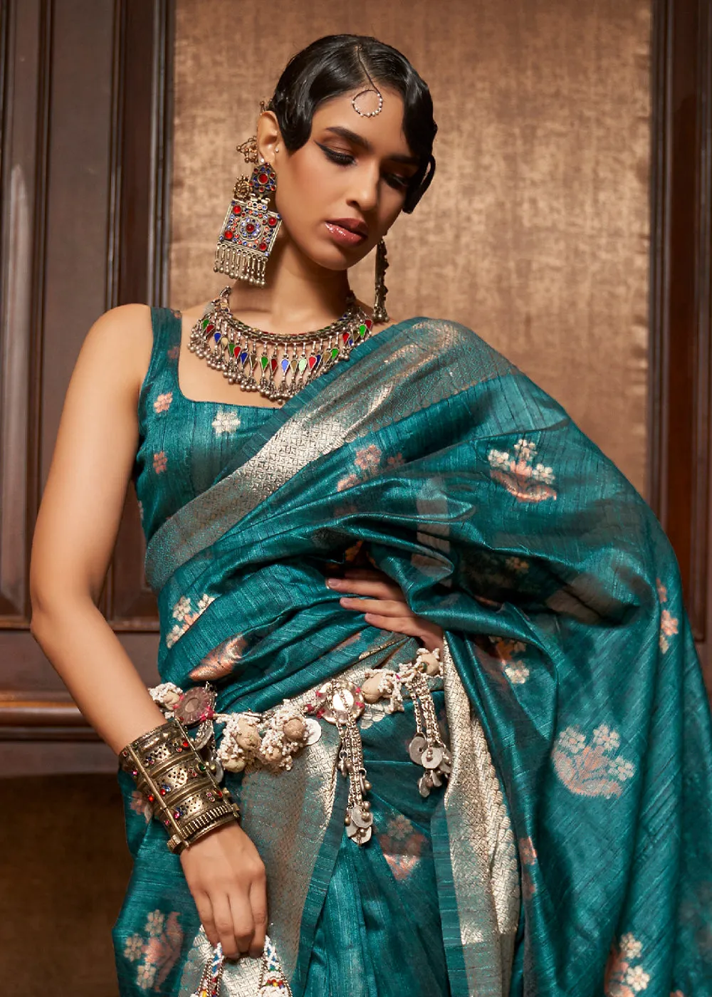 Pacific Ocean Blue Handloom Weaving Silk Saree