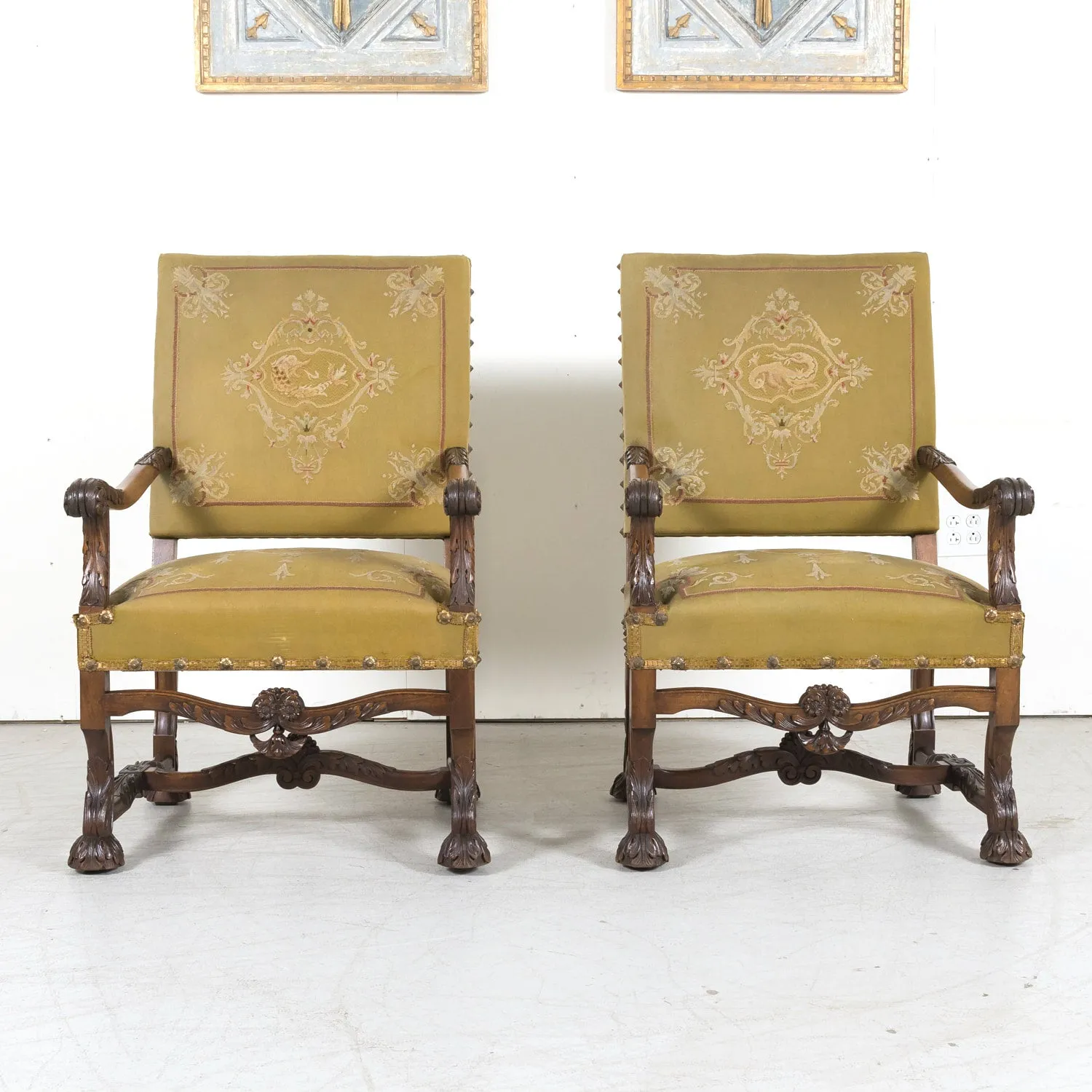 Pair of Early 19th Century French Louis XIV Style Carved Walnut Fauteuils or Armchairs