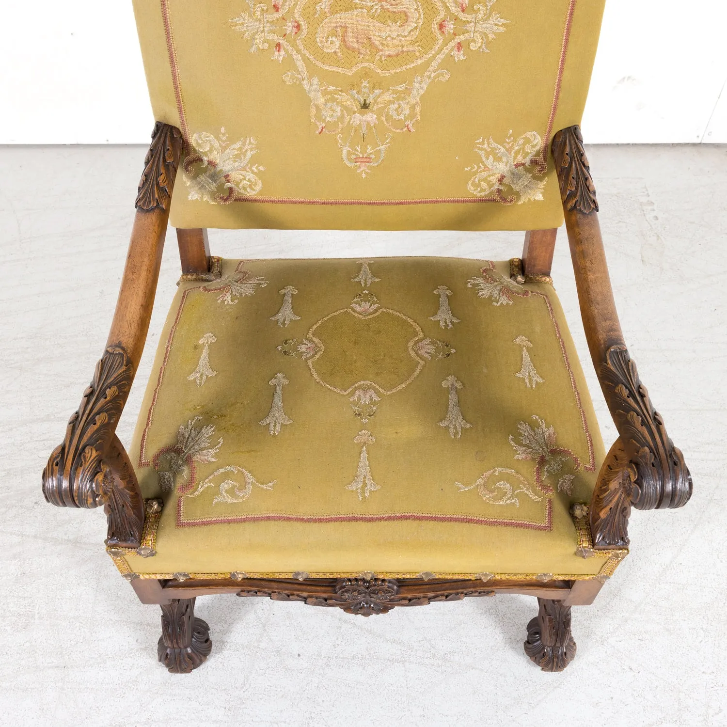 Pair of Early 19th Century French Louis XIV Style Carved Walnut Fauteuils or Armchairs