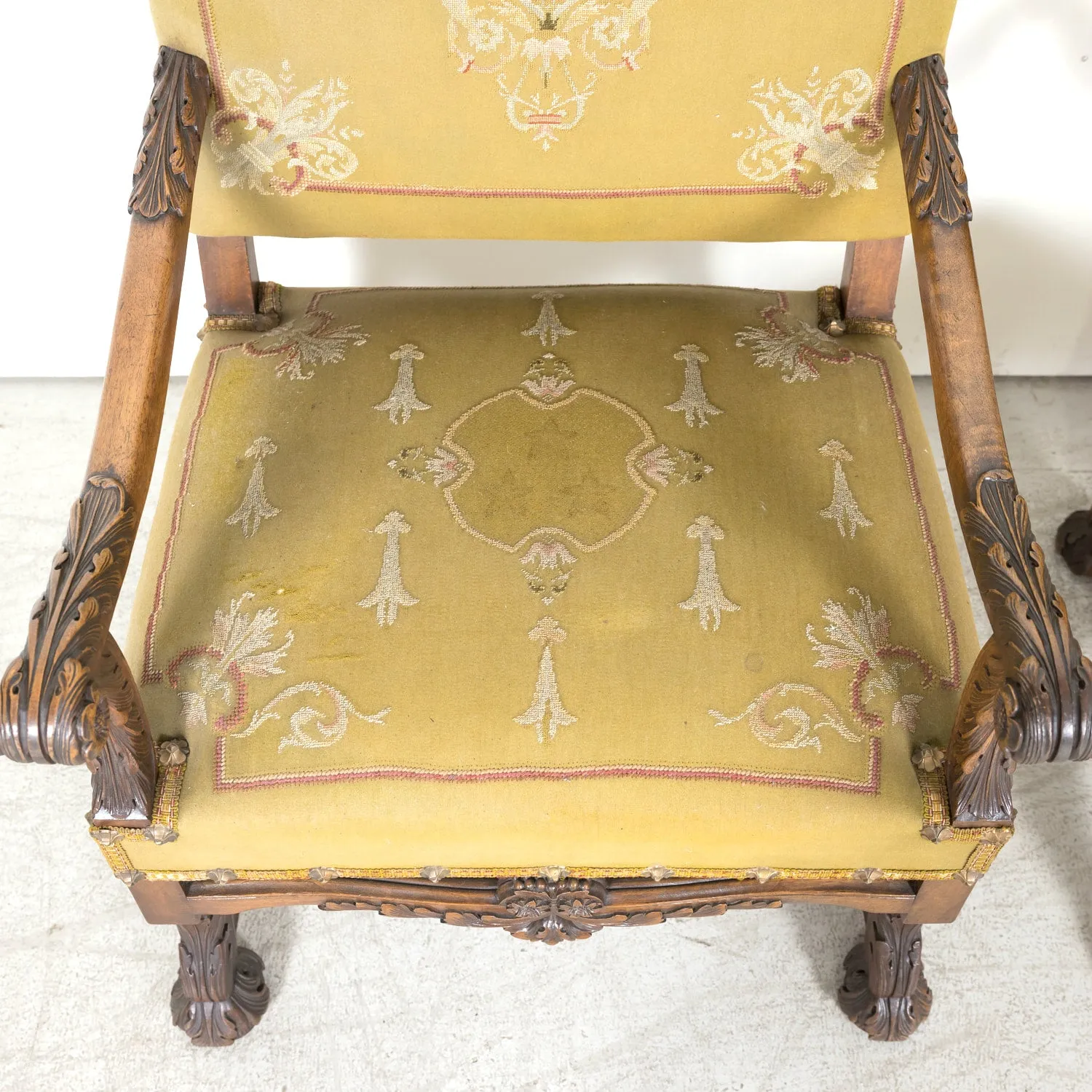 Pair of Early 19th Century French Louis XIV Style Carved Walnut Fauteuils or Armchairs