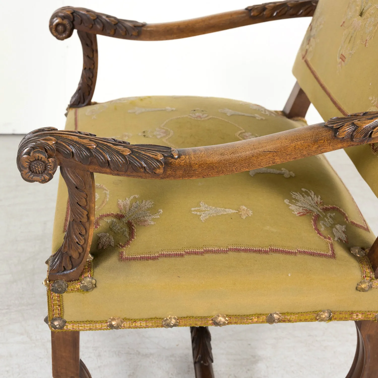 Pair of Early 19th Century French Louis XIV Style Carved Walnut Fauteuils or Armchairs