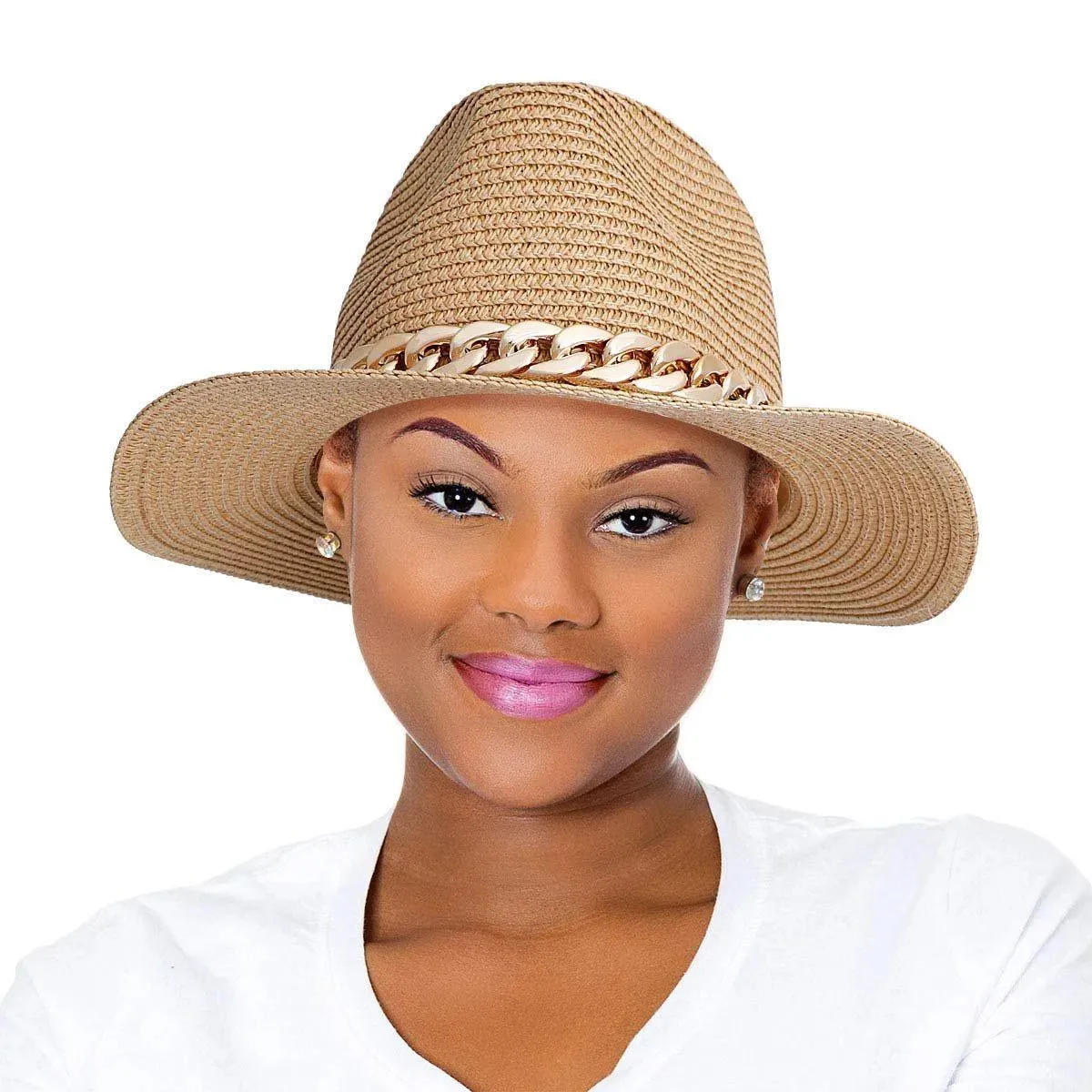 Panama Hat in Camel with Chain Band Detail for Women