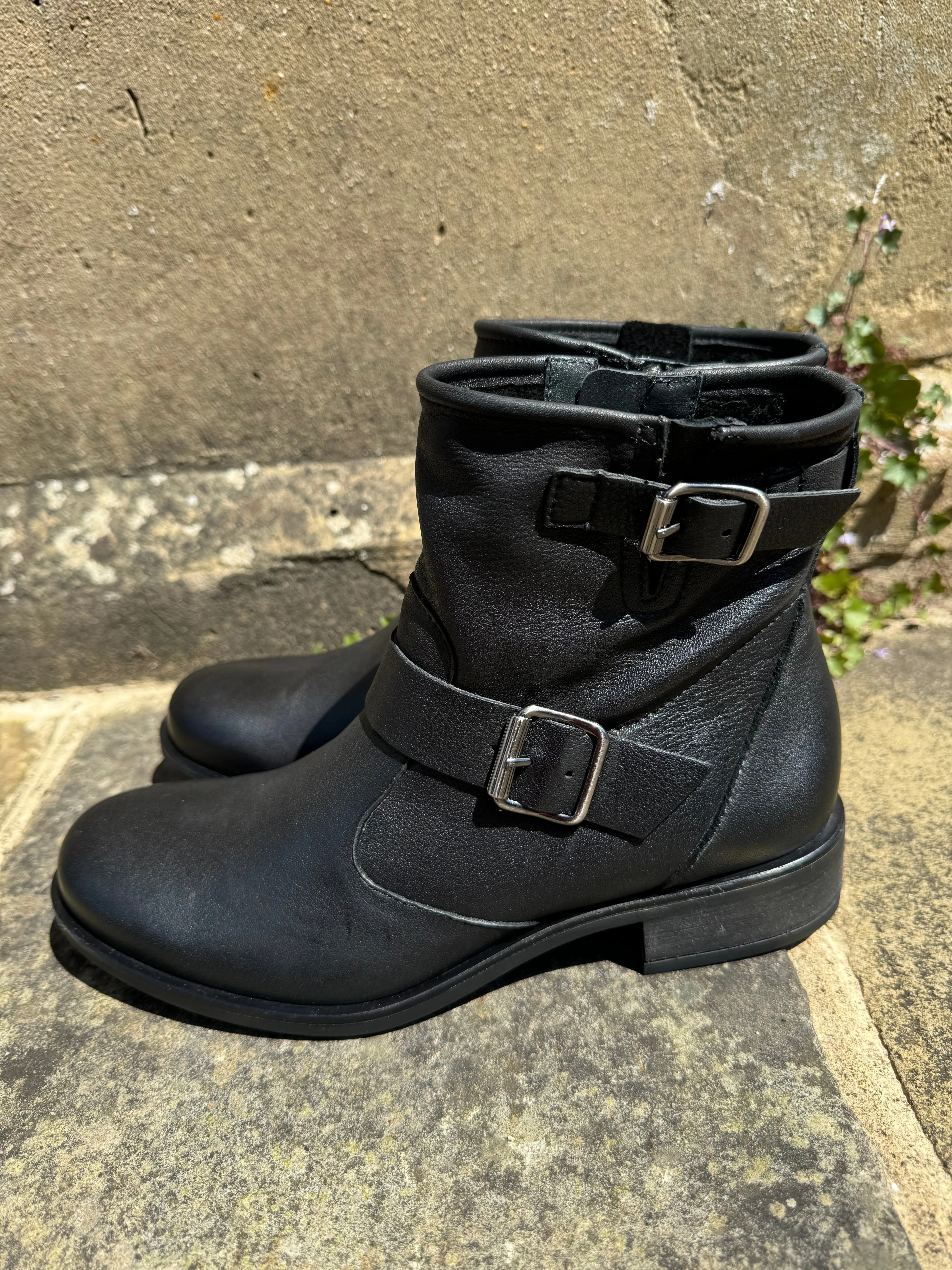 Paul Green Black Leather Buckle Ankle Boot