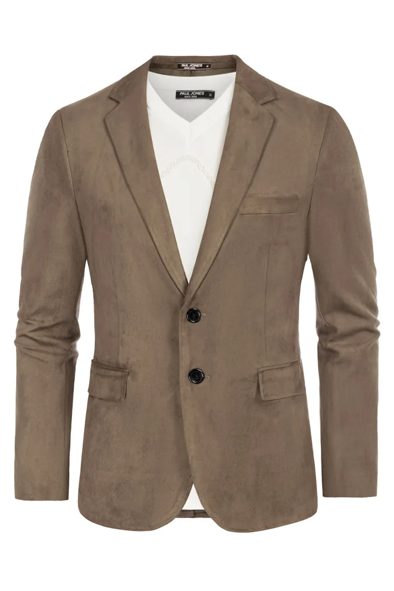 Paul Jones Men Faux Suede Blazer Coat Casual Notch Lapel Two Buttons Coat