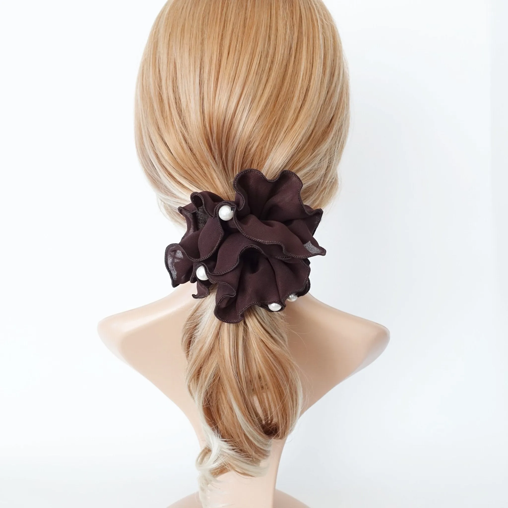 pearl decorated chiffon scrunchies women hair elastic scrunchie