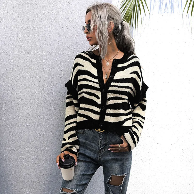 PEOPLETERRITORY women's clothing New new knitted sweater jacket short contrasting stripes splicing cardigan short