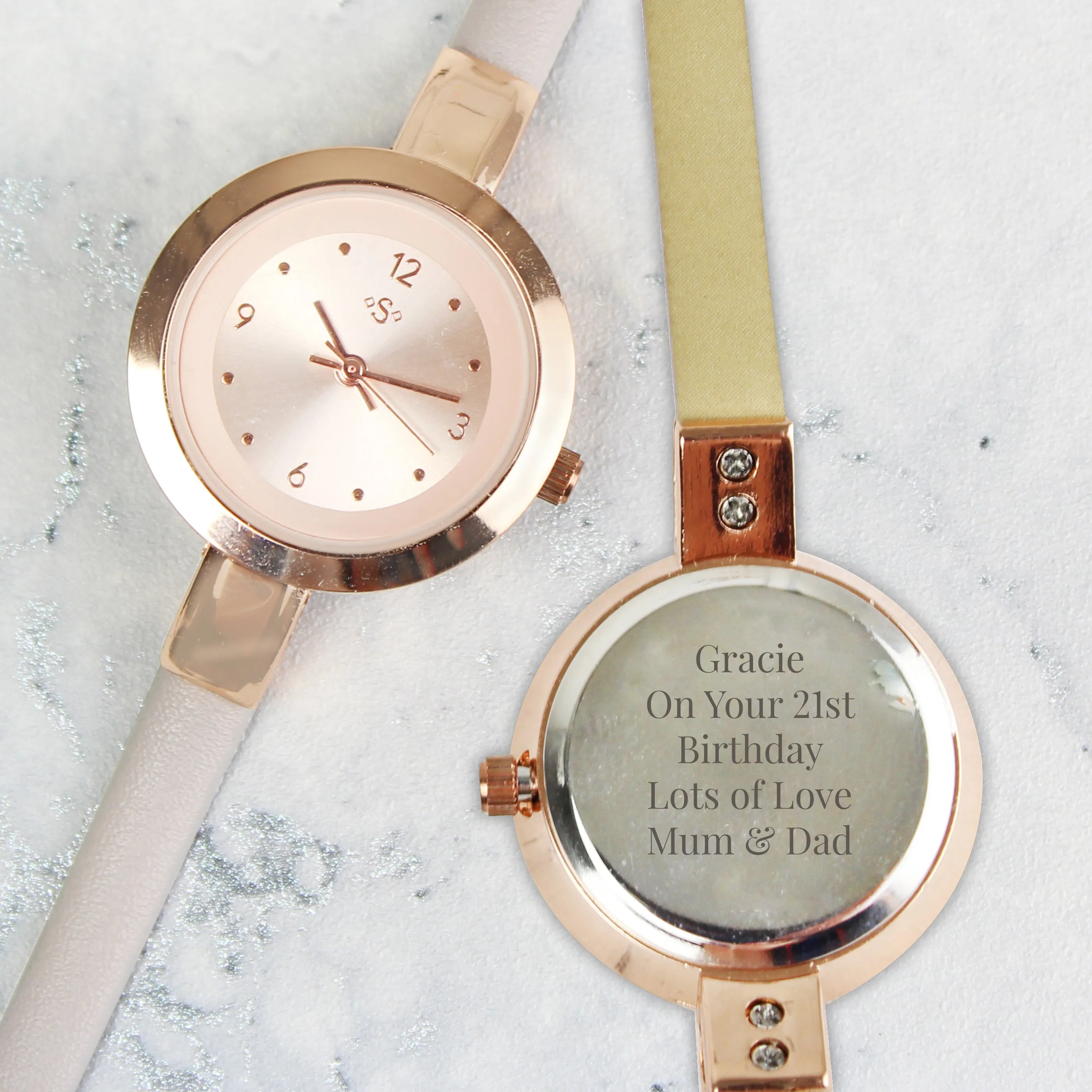 Personalised Rose Gold with Faux Leather Strap Ladies Watch