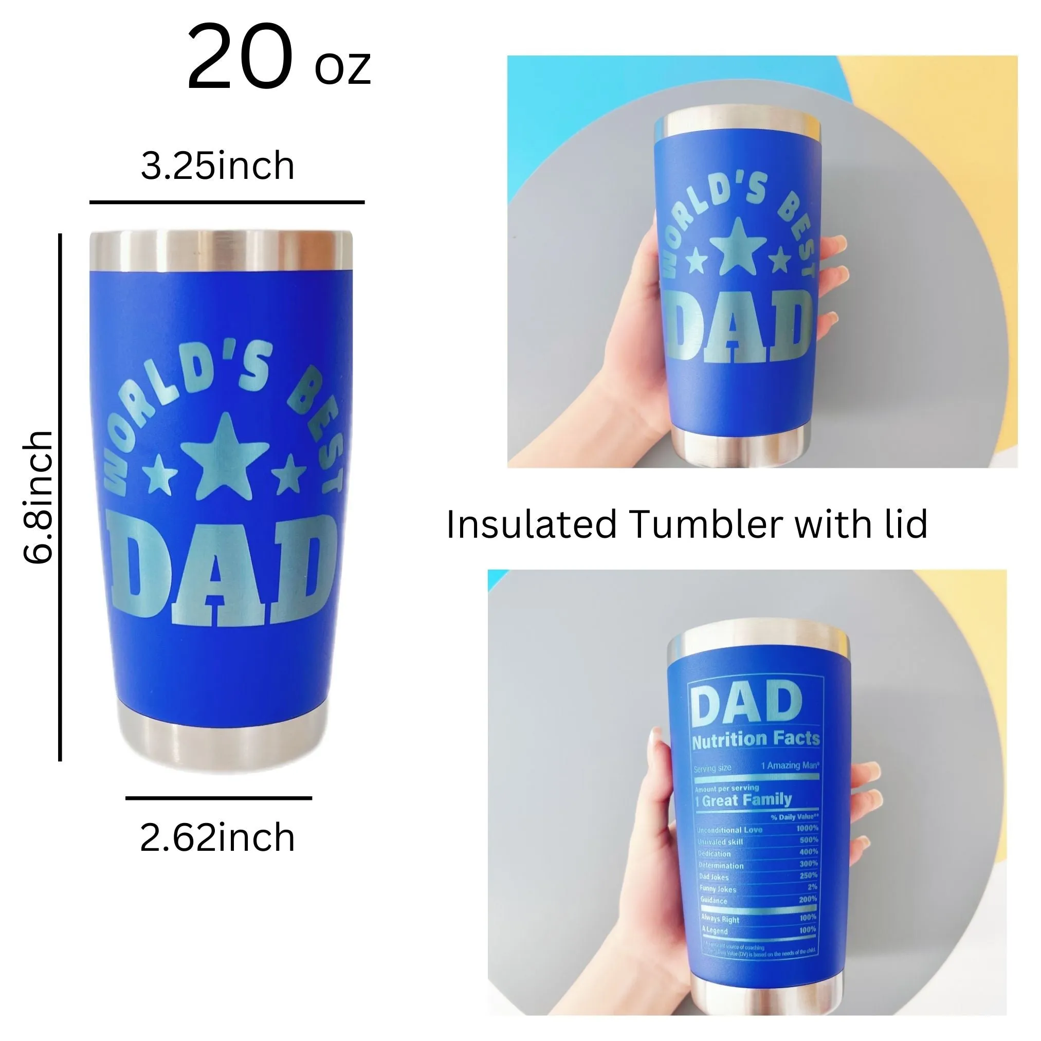 Personalized Engraved Tumblers, Best Dad Ever and Nutrition Fact Birthday Gift for Dad, 20oz Stainless Steel Custom Coffee Tumbler