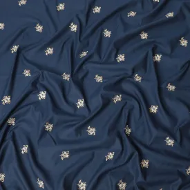 Petrol blue Premium pure linen fabric with gold and beige embroidery in floral design-D13435