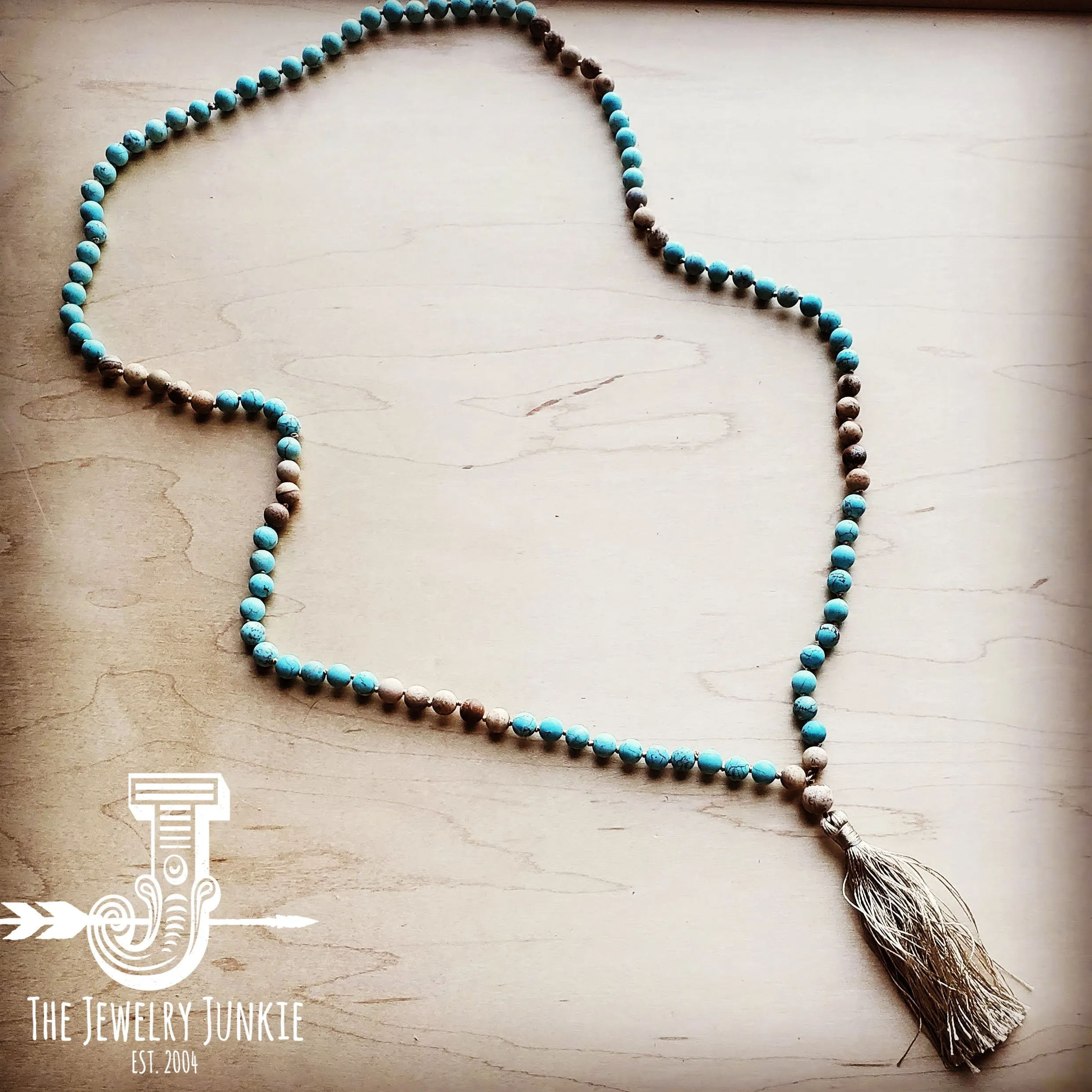 **Picture Jasper and Amazonite Beaded Necklace w/ Tassel 253p