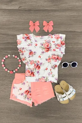 Pink & White Rose Floral Denim Short Set