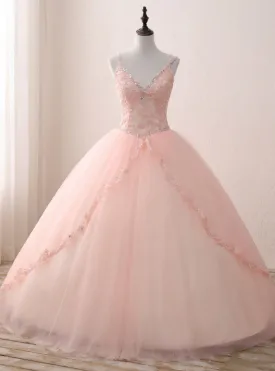 Pink Ball Gown Tulle V-neck Double Straps Appliques Quinceanera Dresses