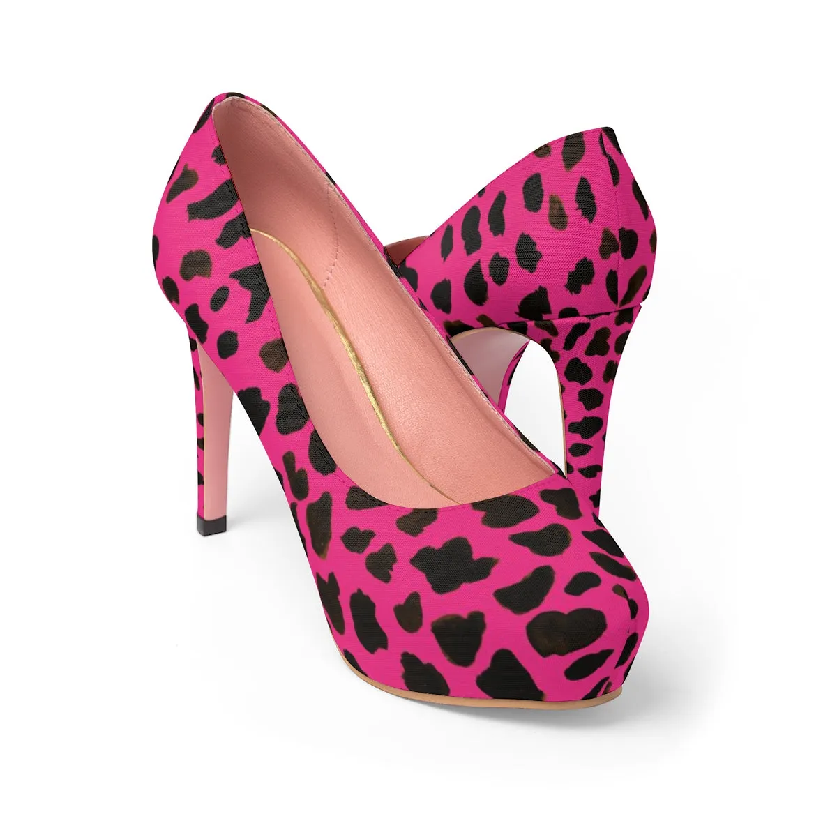 Pink Cow Print Heels, Pink Brown Cow Print Animal Women's 4" Platform Pumps Stilettos