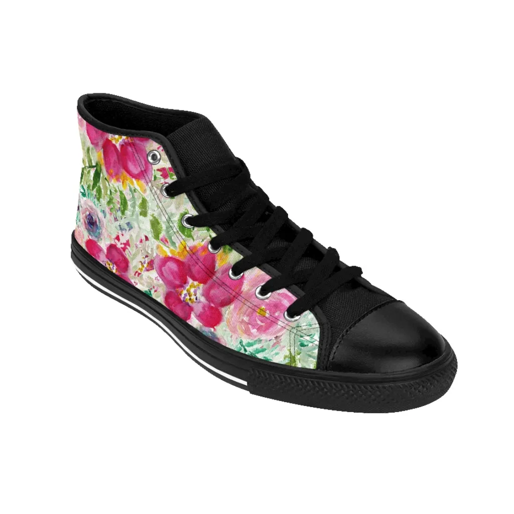 Pink Floral Women's Sneakers, Flower Print Designer High-top Sneakers Tennis Shoes (US Size: 6-12)