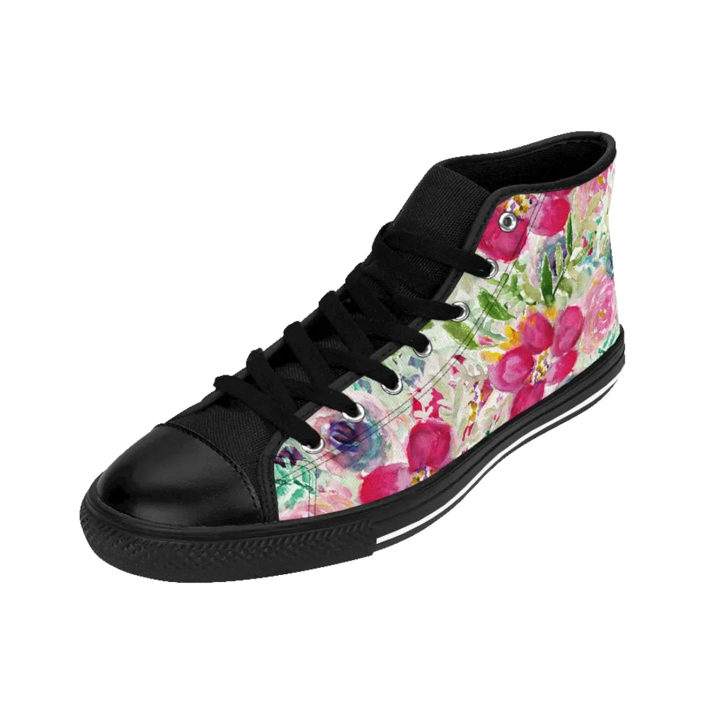 Pink Floral Women's Sneakers, Flower Print Designer High-top Sneakers Tennis Shoes (US Size: 6-12)