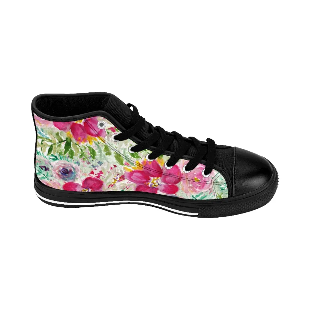 Pink Floral Women's Sneakers, Flower Print Designer High-top Sneakers Tennis Shoes (US Size: 6-12)