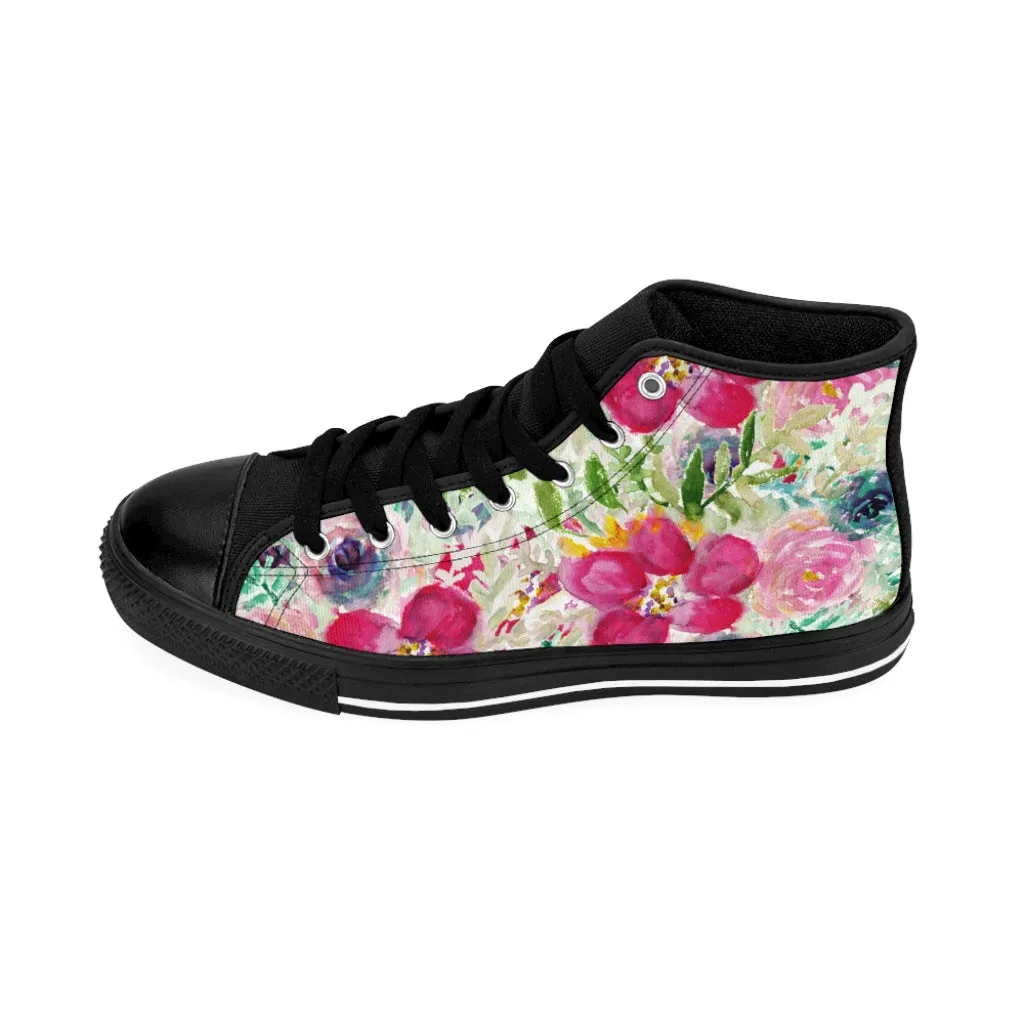 Pink Floral Women's Sneakers, Flower Print Designer High-top Sneakers Tennis Shoes (US Size: 6-12)