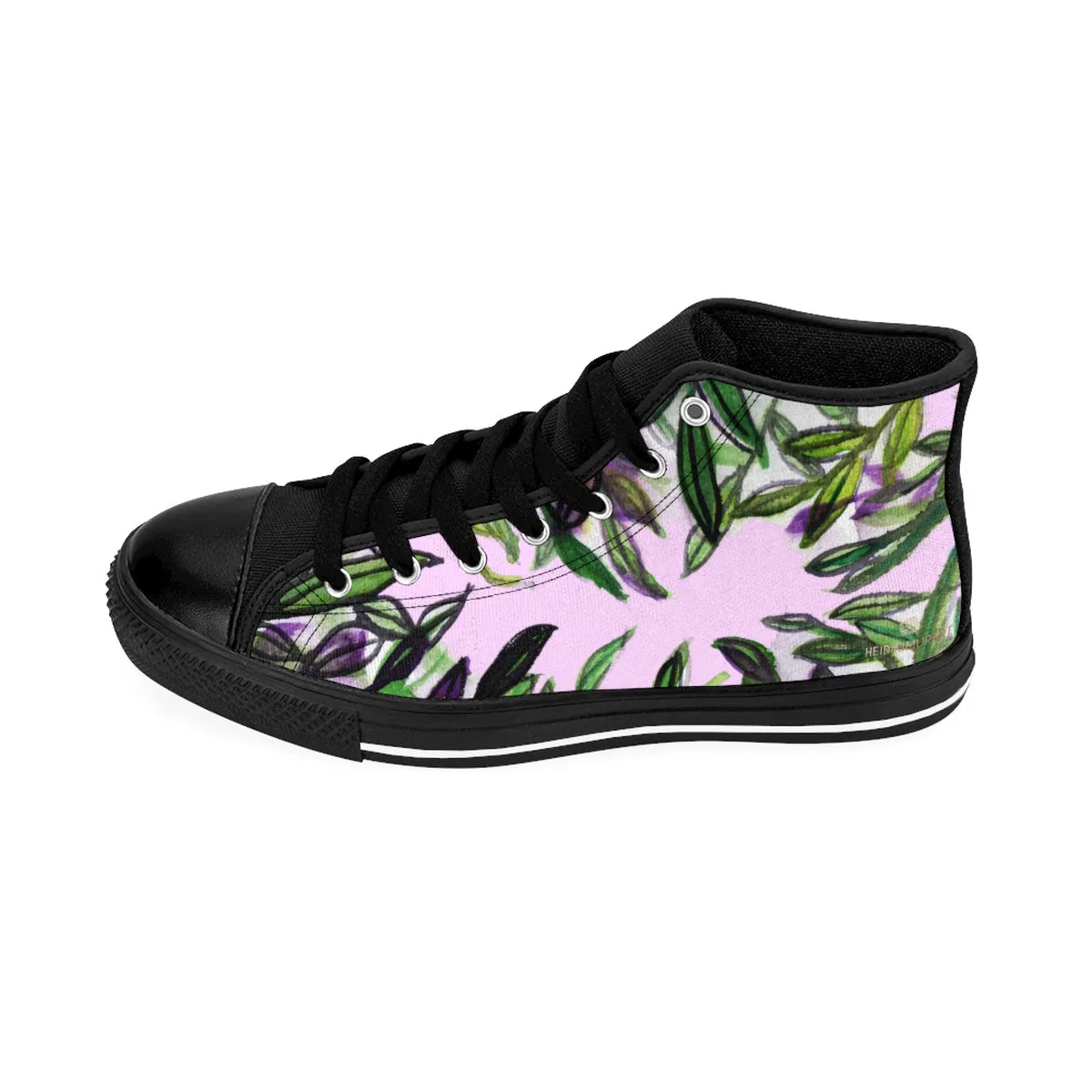 Pink Green Tropical Men's Sneakers, Leaf Print High-top Sneakers Tennis Shoes For Men