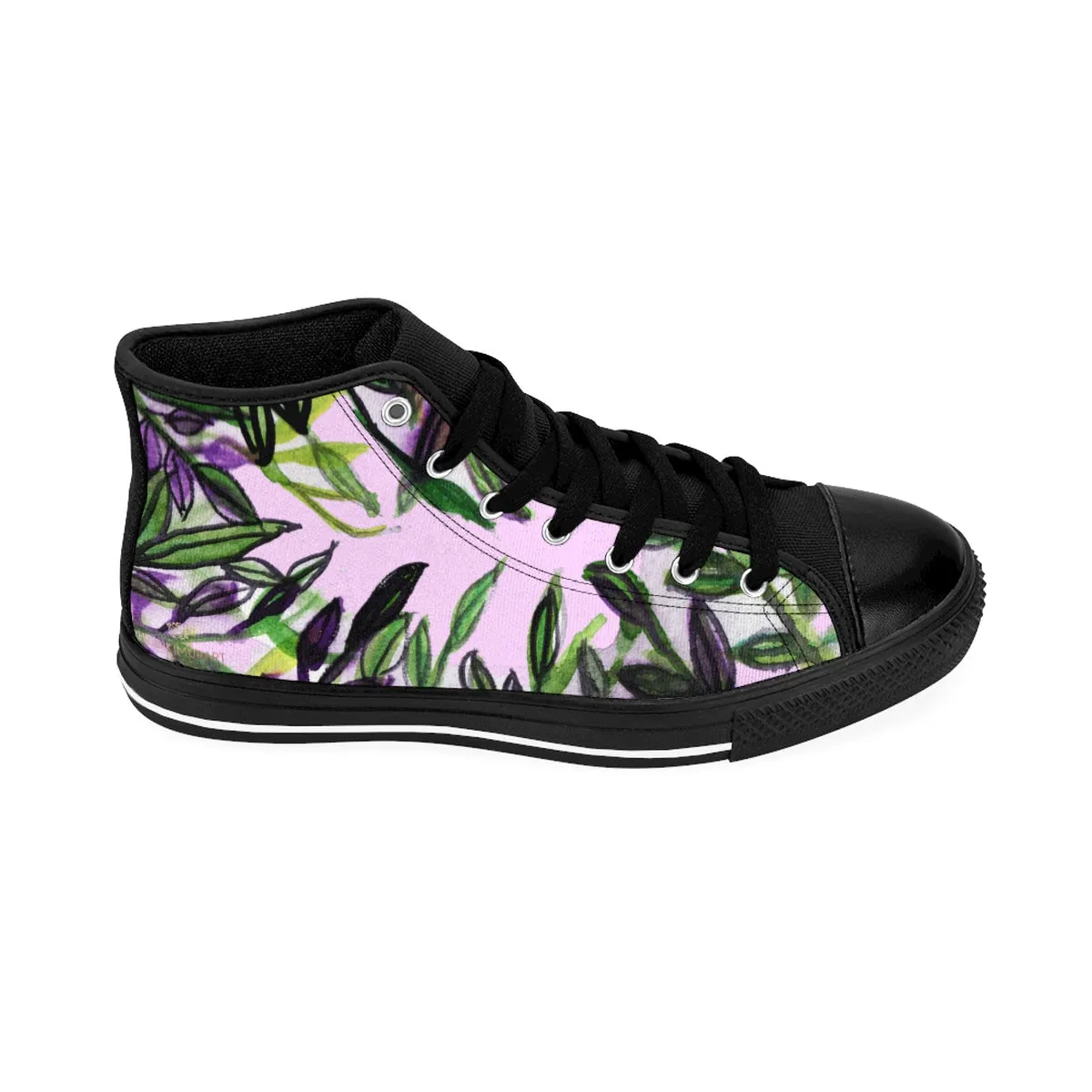 Pink Green Tropical Men's Sneakers, Leaf Print High-top Sneakers Tennis Shoes For Men