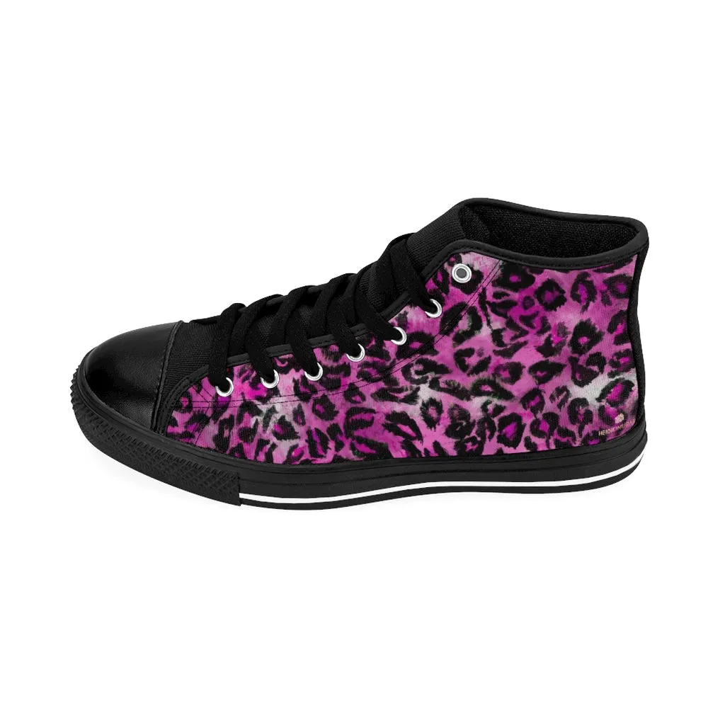 Pink Leopard Women's Sneakers, Animal Print Designer High-top Fashion Tennis Canvas Shoes