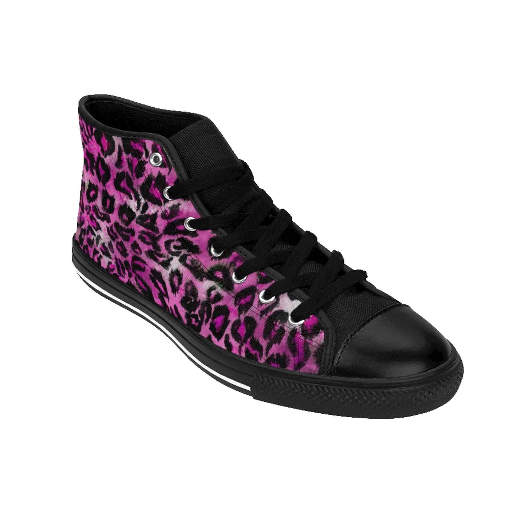 Pink Leopard Women's Sneakers, Animal Print Designer High-top Fashion Tennis Canvas Shoes