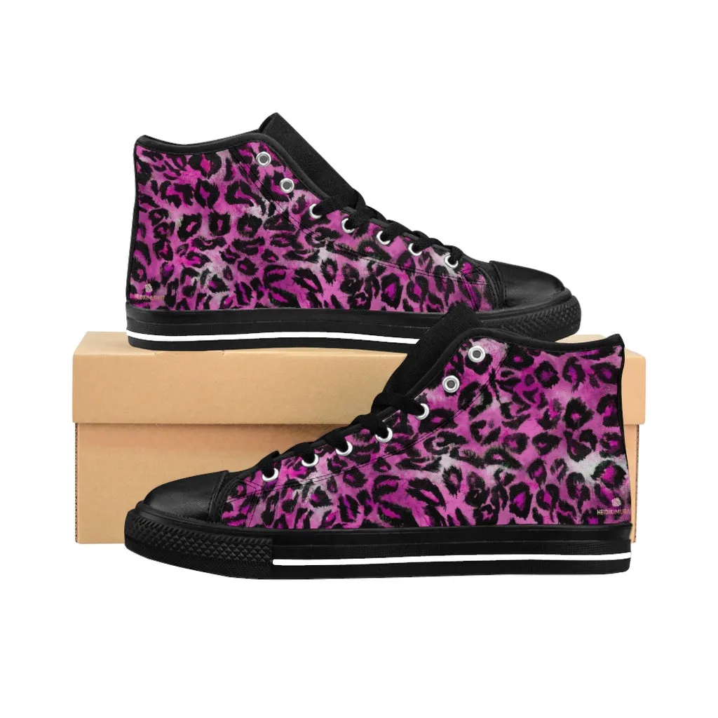 Pink Leopard Women's Sneakers, Animal Print Designer High-top Fashion Tennis Canvas Shoes