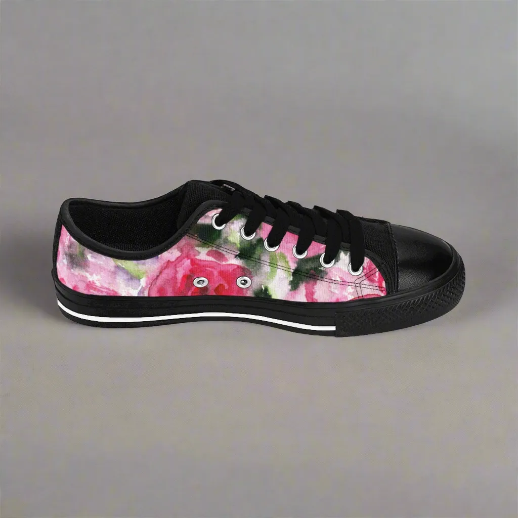 Pink Rose Low Top Sneakers, Pink Rose Floral Print Best Designer Women's Low Top Running Tennis Shoes (US Size 6-12)